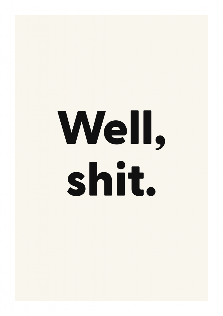 Well, shit. funny adult quote poster with bold typography on ivory background
