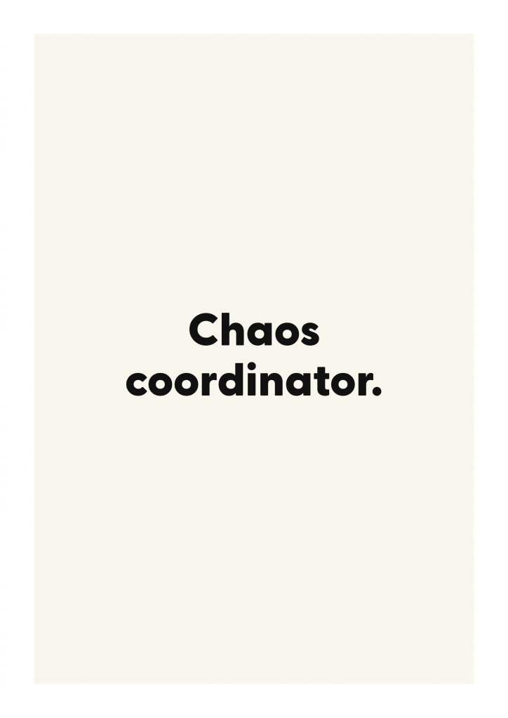 Chaos coordinator. funny adult quote poster with bold typography on ivory background