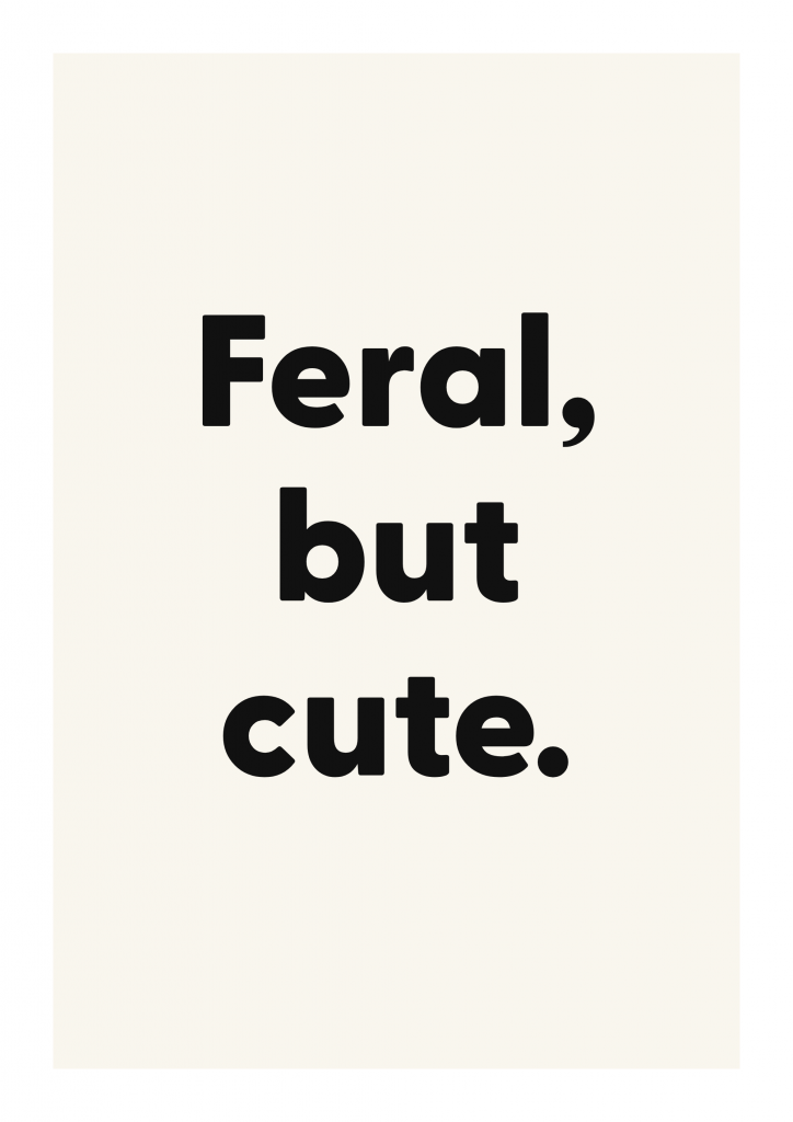 Feral, but cute. funny adult quote poster with bold typography on ivory background