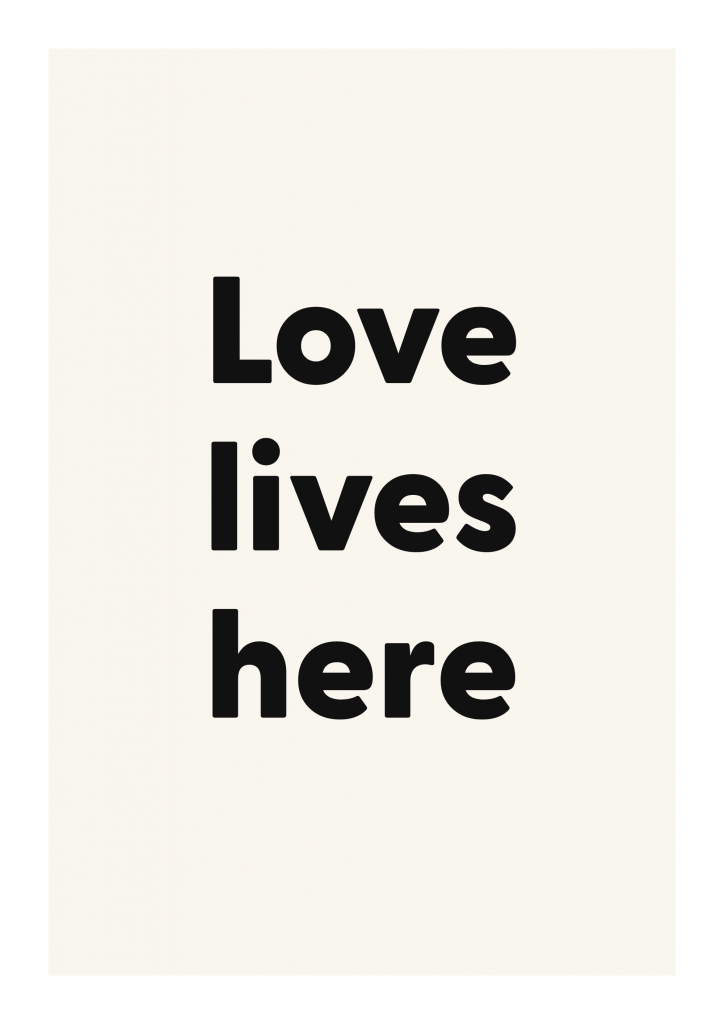 Love lives here romantic love quote poster with minimalist typography on ivory background