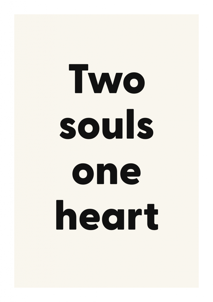Two souls one heart romantic love quote poster with minimalist typography on ivory background