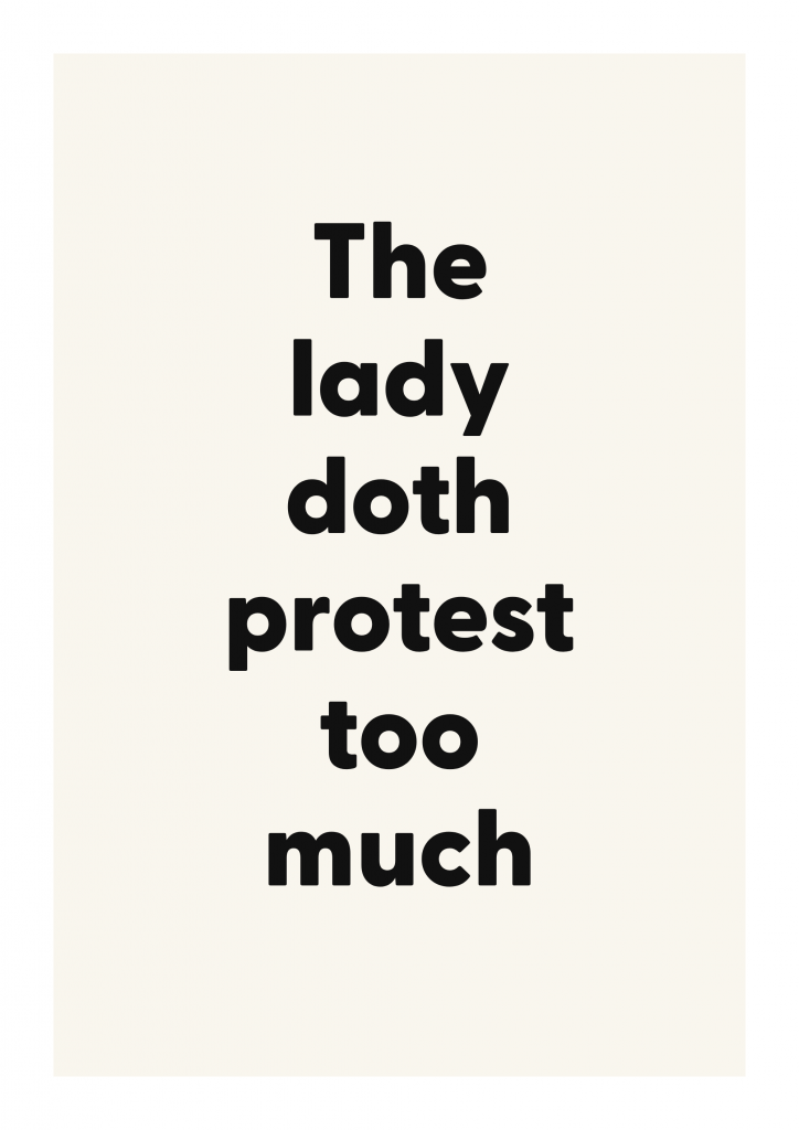 The lady doth protest too much literary quote poster with classic typography on ivory background