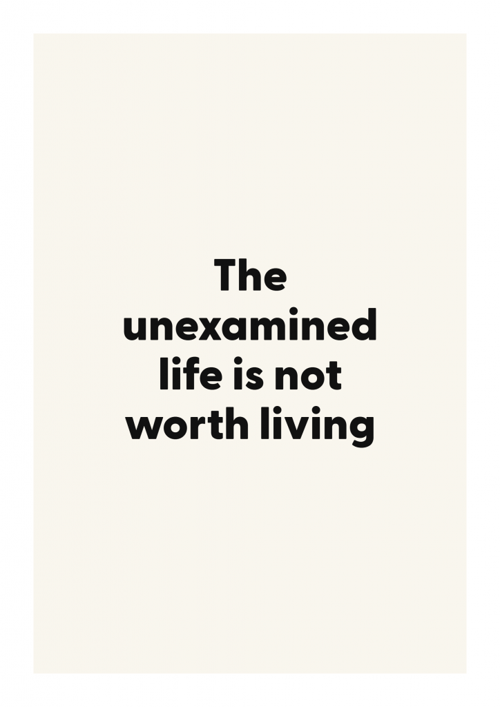 The unexamined life is not worth living literary quote poster with classic typography on ivory background